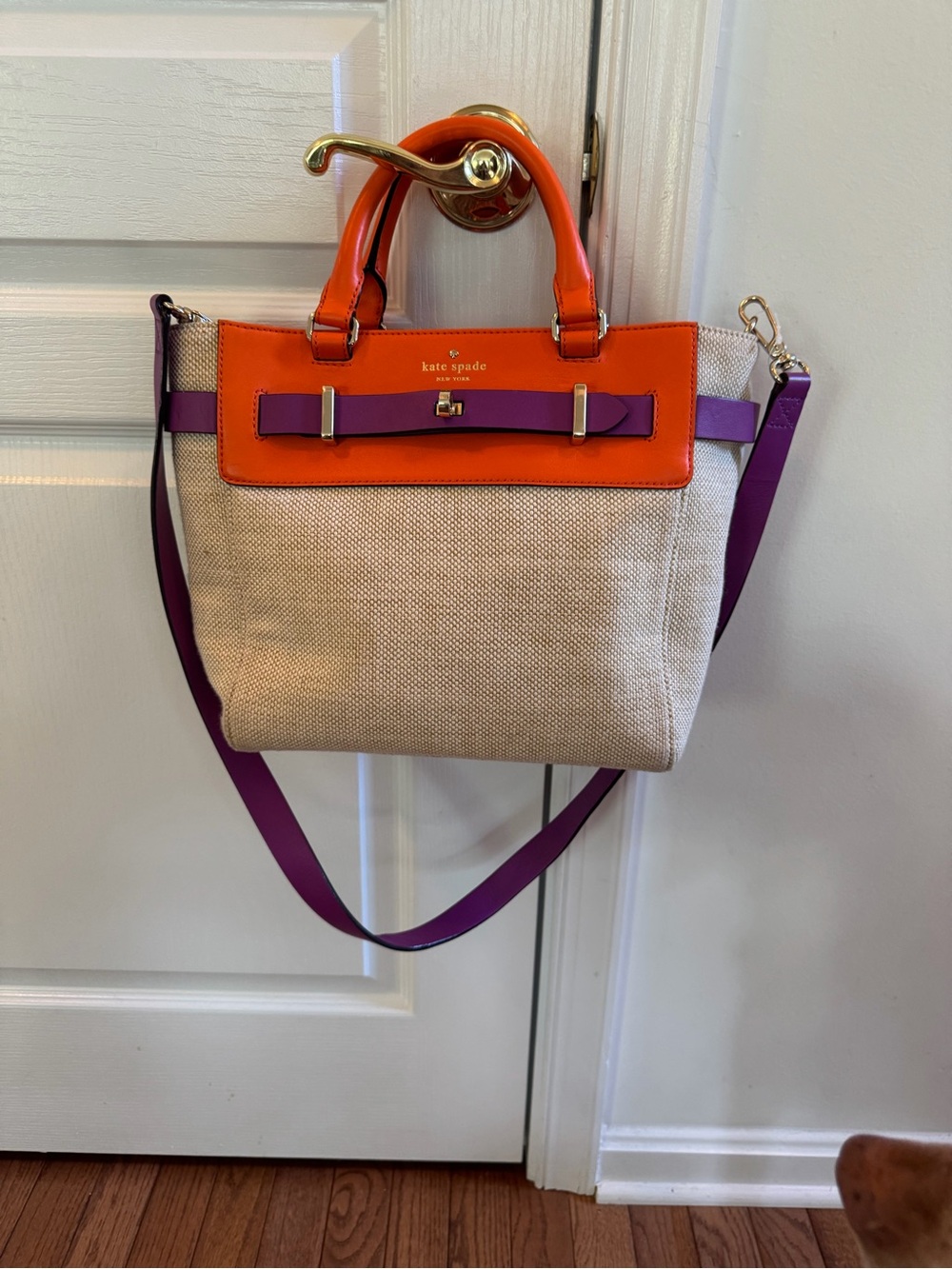 kate spade beige canvas tote with orange trim and purple strap
